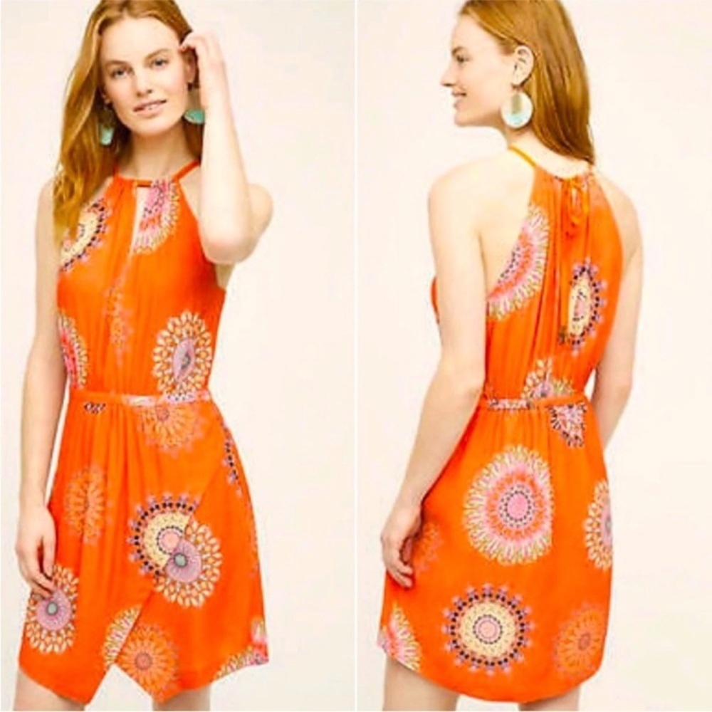 Floreat | Anthropologie Livia Orange Halter Mini Dress Medallion Print Boho